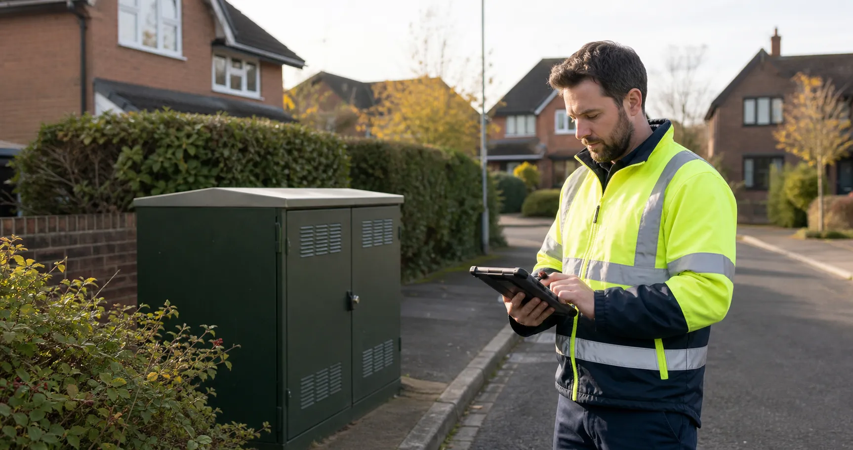 An engineer reviewing low-voltage network information on a tablet beside a residential feeder cabinet